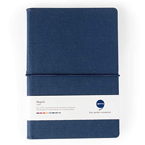 Image of COMMA Regina - A5 Size - Hard Bound Notebook with a Horizontal Elastic Band Closure - 192 Pages - 80gsm Natural Shade Paper - Fabric Cover Material - (Navy Blue)