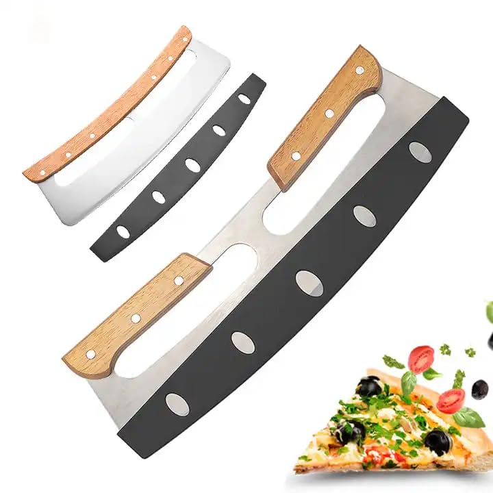 The Italian Kitchen Pizza Cutter Rocker with Wooden Handle & Protective Cover, 14