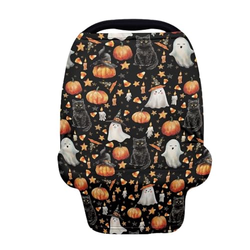 Image of Wanyint Infant Car Seat Cover Stretchy Nursing Scarf Car Seat Canopy Shopping Cart High Chair Cover Protect Babies Breastfeeding Mothers Halloween Decor, Witch Hat Ghost Black Cat Pumpkin