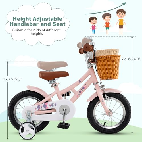 Image of BABY JOY Retro Kids Bike, 12 14 16 18 Inch Child Bike for 3-8 Years Old w /Rattan Basket, Adjustable Height, Training Wheels, Fenders, Handbrake Coaster Brake, 95% Pre-Assembled Kids Bicycle for Girls
