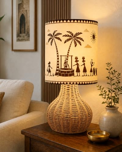 Image of Homesake Handwoven Rattan Table Lamp with Warli Art Printed Fabric Shade, Decorative Raffia Spinning Bedside Lamp, Boho Table Lamp with E27 Holder, Living Room & Bedroom Decor