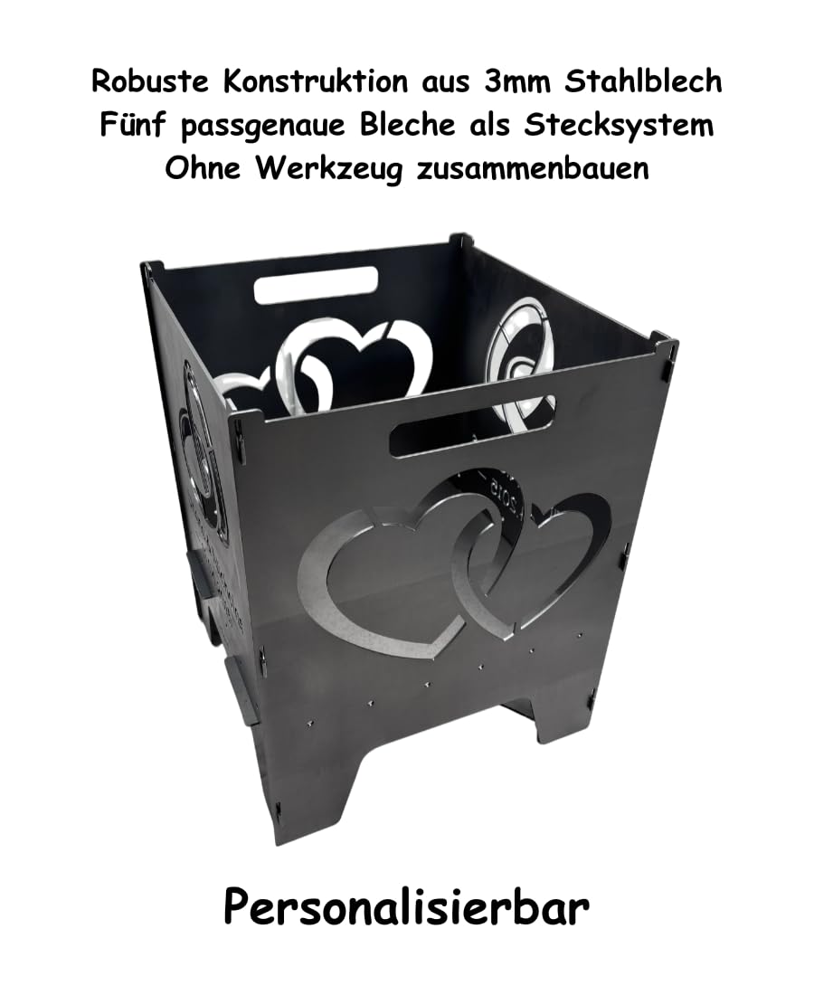 Lehnert Feuertonne Hochzeit 49 cm aus 3 mm Stahlblech personalisiert Feuerkorb Feuerschale Feuerstelle mit Zwei Herzen und Trauringen, große Massive und Feuerfeste Feuerstelle für Garten und Terrasse