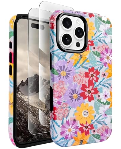 J.west Compatible with iPhone 15 Pro Case 6.1 inch with 2 Pack Tempered Glass Screen Protectors Cute Floral Flowers Hybrid Cover for Girls Women Aesthetic Protective Phone Cases Pink Spring