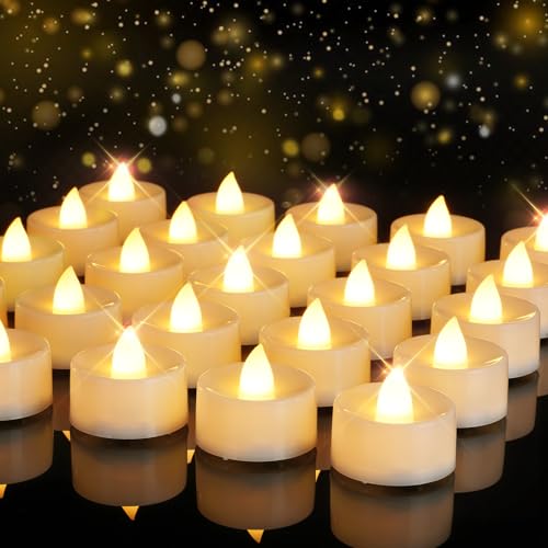 Homemory Led Battery Operated Tea Lights Bright Flickering 200+ tealights Electric Fake Flameless Candles for Christmas Halloween Festivals Home Decoration 24-Pack