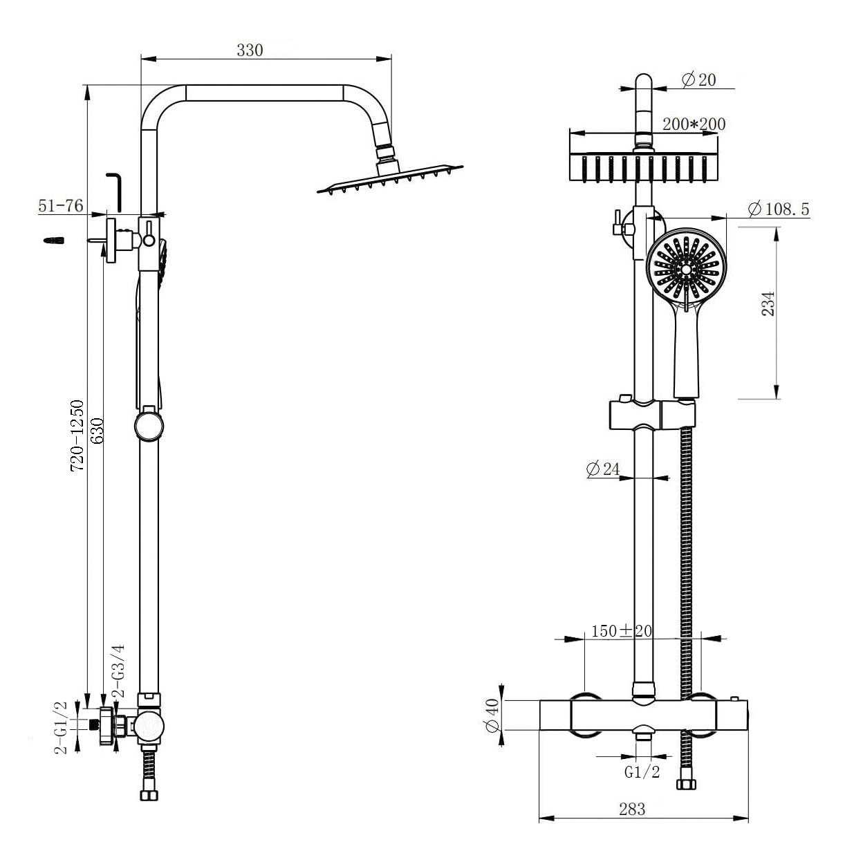Columna de Ducha Termostática Regulable 720-1250mm Redondo Rociador de Mano 3 Tipos de Chorro Cuadrada Alcachofa de Ducha Lluvia para Baño