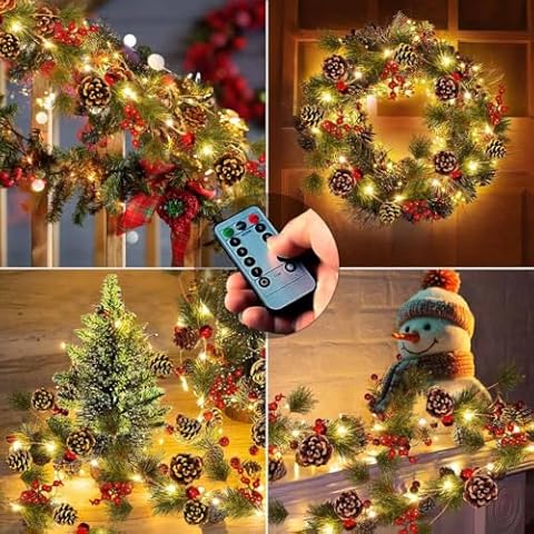 Abkshine Upgraded Christmas Garland with Lights, 6.6ft 20 LED Battery Operated Pine Garland with Timer, Lighted Christmas Garland for Mantle Fireplace Stairs Window Table Tree Christmas Kitchen Decor Cover