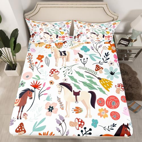Homewish Drap-Housse 90x190 Enfant Fille pour 1 Personne, Drap Housse Cheval Western pour Ado Garçon, Drap de Lit Feuilles Fleurs Champignons, Décor de Chambre Mignon...