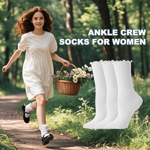 BISOUSOX Ruffle Socks Woman, White Crew Cute Frilly Ankle Lettuce Dress Socks for Women Girls Turn-Cuff Size 5 7-94