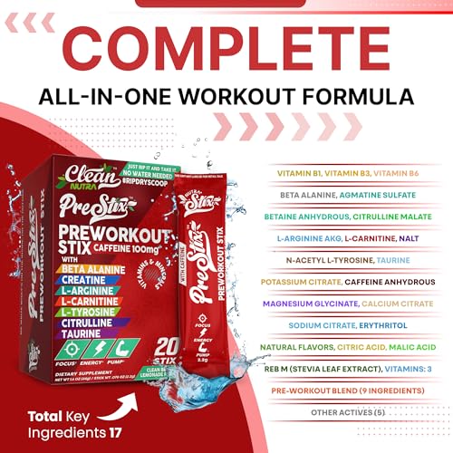 Image of Clean Nutraceuticals Pre Workout Powder Energy Sticks - Caffeine 100mg, Energy Drink Mix, Creatine Monohydrate, Beta Alanine, L-Citrulline, L-Tyrosine, L-Carnitine, Electrolyte Hydration Packets 20 Ct