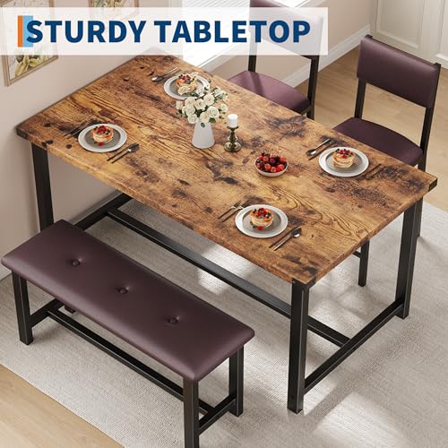GarveeHome Dining Table Set for 4, Kitchen Table with 2 Upholstered Chairs and Bench, Wood Kitchen Dining Room Set, for Small Space, Apartment, Home, Kitchen, Retro Brown