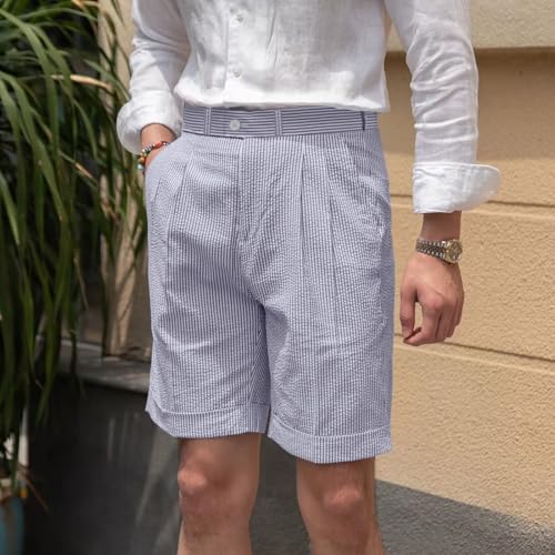 Mens Summer Seersucker Shorts Striped Slim Fit Flat Front Walk Short Pants Sear Sucker Suit Flat Front Shorts Blue S3