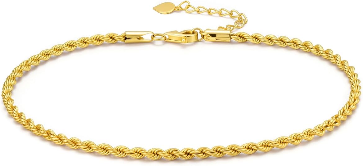 SISGEM 18k Gold 2.2 MM Rope Chain Anklet for Women, Real 18 Karat Gold Ankle Bracelet Jewelry for Her, 9.2-10.5 Inches