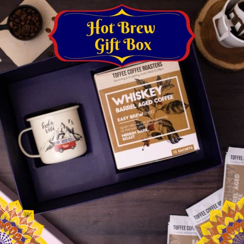 Image of Toffee Coffee Roasters | Hot Brew Gift Box| Whiskey Barrel Aged Coffee (Pack of 12 Sachets) + Enamel Mug|100% Arabica|Medium Dark Roast|Coffee Notes: Fine Malt & Green Apple