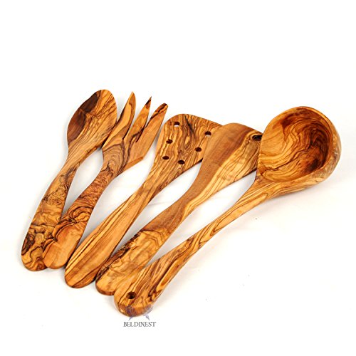 Venta. Juego de cinco ktchen utensilios de cocina hecho a mano con madera de olivo: cuchara y tenedor (cubiertos para servir ensalada), Set de 2u00a0spatulats y grande Cucharón