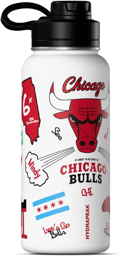 Miniatura 2 de Hydrapeak x Botella de agua con licencia oficial de la NBA Chicago Bulls de 32 onzas, tapa de acero inoxidable, reutilizable, doble pared para