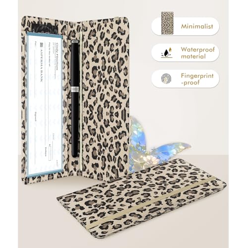 Image of Checkbook Cover for Men Women, Premium Leather Checkbook Holder with RFID Blocking and Built in Clear Plastic Divider for Personal and Business Checks (Leopard-Yellow)