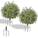 EREAL 24'' Artificial Boxwood Topiary 2 Pack, UV Resistant Outdoor Faux Boxwood Ball Tree with Metal Ground Spikes, No Maintenance Artificial Plants for Front Door, Porch, Entryway, Garden Decor