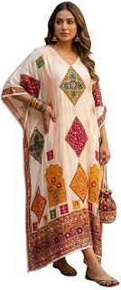 FREYAA Peach Embroidered Long Kaftan with Delicate Print Price In India