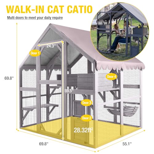 Image of Catio Outdoor Cat Enclosure Large Cat Houses for 5-6 Cats,Kitty House with Resting Box,Bridges,Walks,Waterproof Tarp Roof, 69.8 inch L x 55.1 inch W x 69.8 inch H