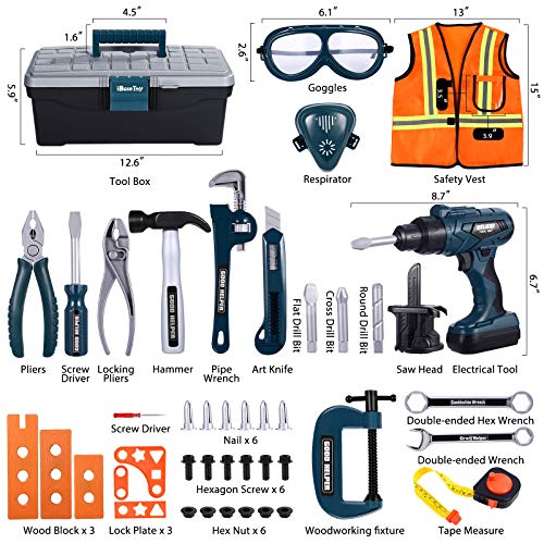 iBaseToy Kids Tool Box Set - 45 PCS Pretend Play Tool Toys for Toddler, Kids Electric Drill Tool Toys Kit with Working Overalls, Construction Tool Kit Playset Accessories Gift for Boys