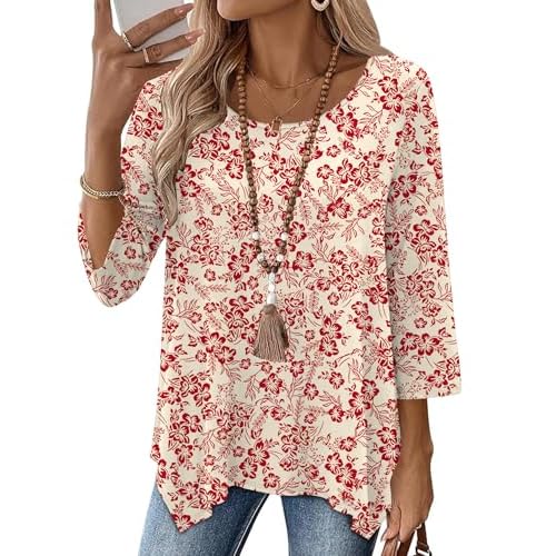 AKEWEI 3/4 Length Sleeve Womens Tunic Tops Loose Fit Blouses Dressy Casual Crew Neck Tees S-3XL