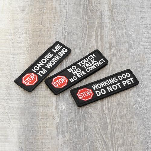 VGOL 3 Stück bestickter Abzeichen-Emblem-Aufnäher für Diensthundemarken Stop No Touch Talk Augenkontakt Nicht streicheln ignoriere Mich ich arbeite Aufnäher für Diensthundegeschirr Weste Kleidung