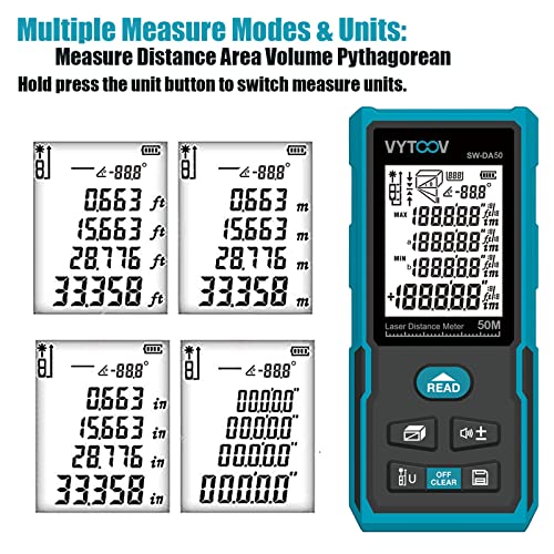 image for VYtoov Laser Measure Distance 165Ft 50M m/in/ft/ft+in Digital Angle Me