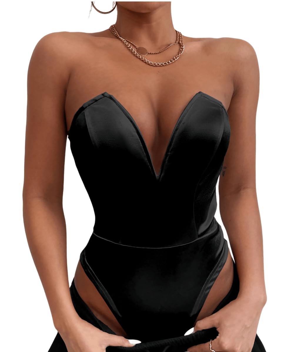 YOXUAWomen's Strapless One Piece Triangle Corset Sweetheart Backless Sexy Solid Bodysuit