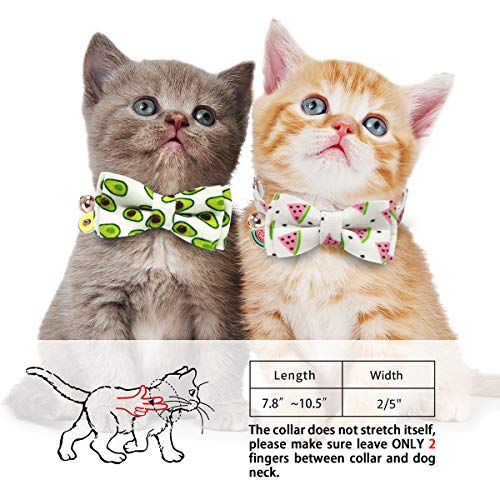KUDES 2 Pack/Set Printed Cat Collar Breakaway with Bell Charms and Bowtie, Cute Kitten Bow Tie Collars for Kitty Puppies and Other Small Pets, Adjustable 7.8 to 10.5 Inch (Watermelon & Avocado)