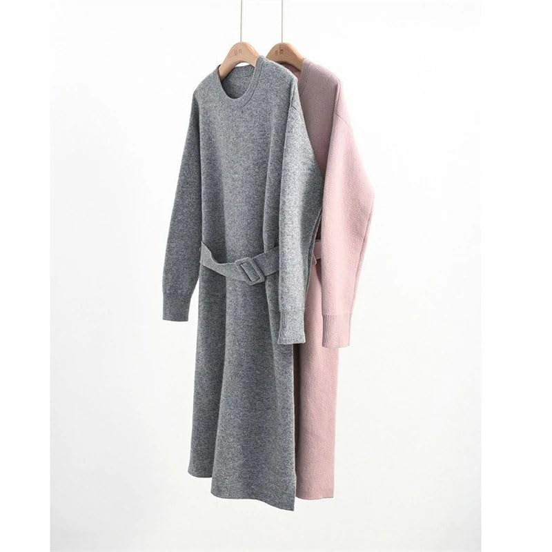 Pohullan Loose Thick O-Neck Women Knitted Dress Belt Sweater Knitwears Long Sleeve Dresses3