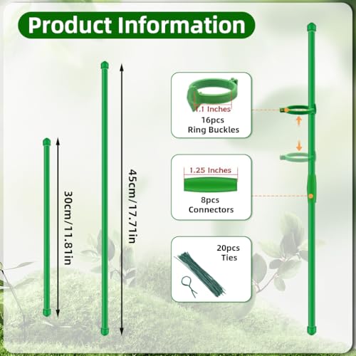 Image of HASTHIP 16Pcs Plant Support Stakes Set with Cable Ties, 45cm & 30cm Upright Plant Support Stake, 6.3mm Dia Weatherproof Reusable Glass Fiber Plants Support Rods for Gladiolus, Chili Peppers