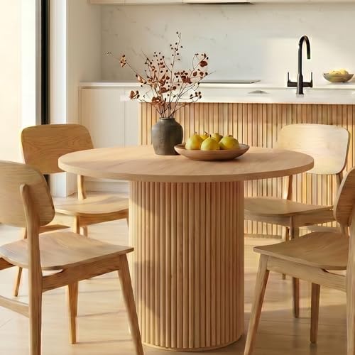 36" Round Dining Table, Natural Wood Color Fluted Concrete Base for 2-3