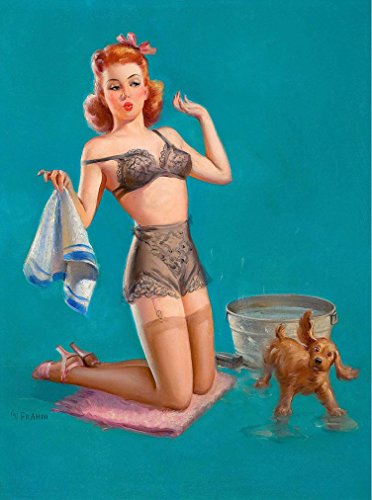 A SLICE IN TIME 1940s Pin-Up Girl Bathtime for Cocker Spaniel Puppy Dog Picture Poster Print Vintage Art Pin Up. Poster Measures 10 x 13.5 inches