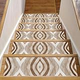 15 Pieces Stair Treads for Wooden Steps, Retro Beige Ethnic Pattern Indoor Stair Treads Non Slip, Soft Stairway Mat Rugs, Peel Stick Step Carpet Runner for Dogs Pets Kids Elders