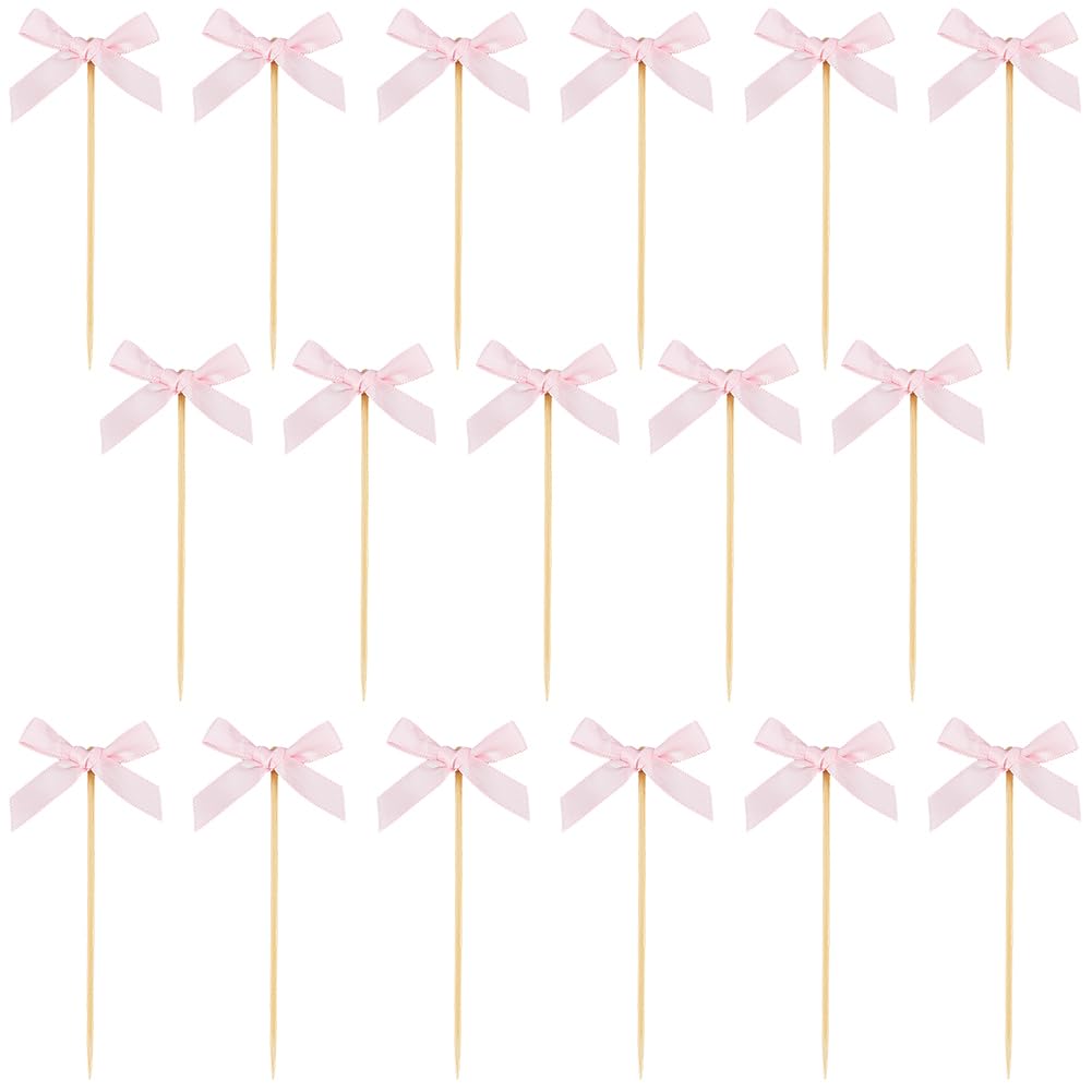 CREATCABIN 100Pcs Pink Bow Cocktail Picks Bow Bamboo Fancy Toothpicks Cocktail Sticks Skewers Bamboo Cupcake Toppers Wood Bowknot Food Sticks for Appetizer Fruit Drinks Decoration Christmas 4Inch