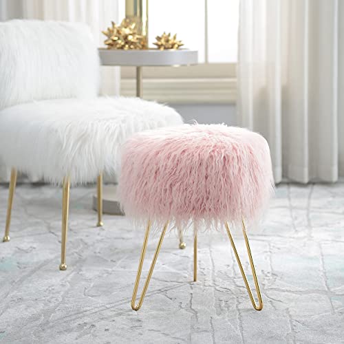 Comfortland Faux Fur Vanity Stool For Vanity Desk, Round Fuzzy Ottoman Foot Stool For Vanity Table, Fluffy Makeup Chair, Furry Vanity Seat For Dressing Room, Living Room, Bathroom, Bedroom Pink #TOP5