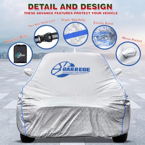 Image of Metallic Silver Triple Coated Inner Soft Lining Cotton Waterproof Car Body Cover with Mirror Pocket Blue Strap Style for Elantra Cars (Box Printed Silver)