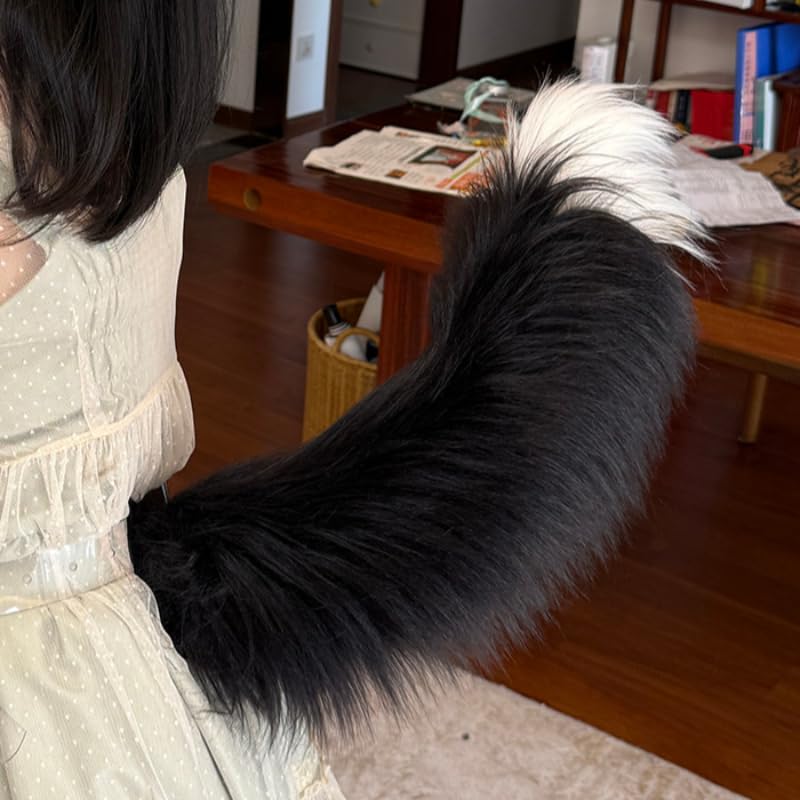 Aroogudo Electric Tail Motorized Tail Moving Faux Tail for Cosplay&Paty fluffy and soft social anxiety accessories Electric Pet cat fox/wolfTail Ear (Blackwhite Electric Tail)