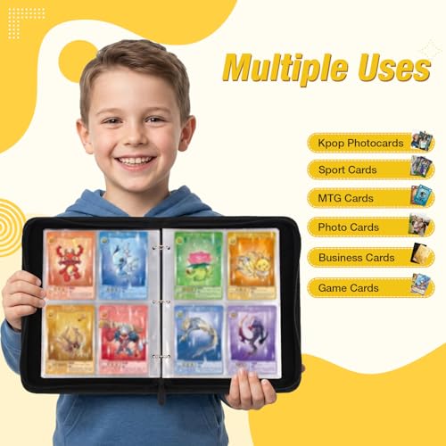 T Tersely 4 Pocket Card Album Waterproof, 400 Pockets Double Sided Card Binder with Zipper, PU Cover Portable Trading Card Collector Folder Case for MTG TCG Sports Game Cards (Yellow)