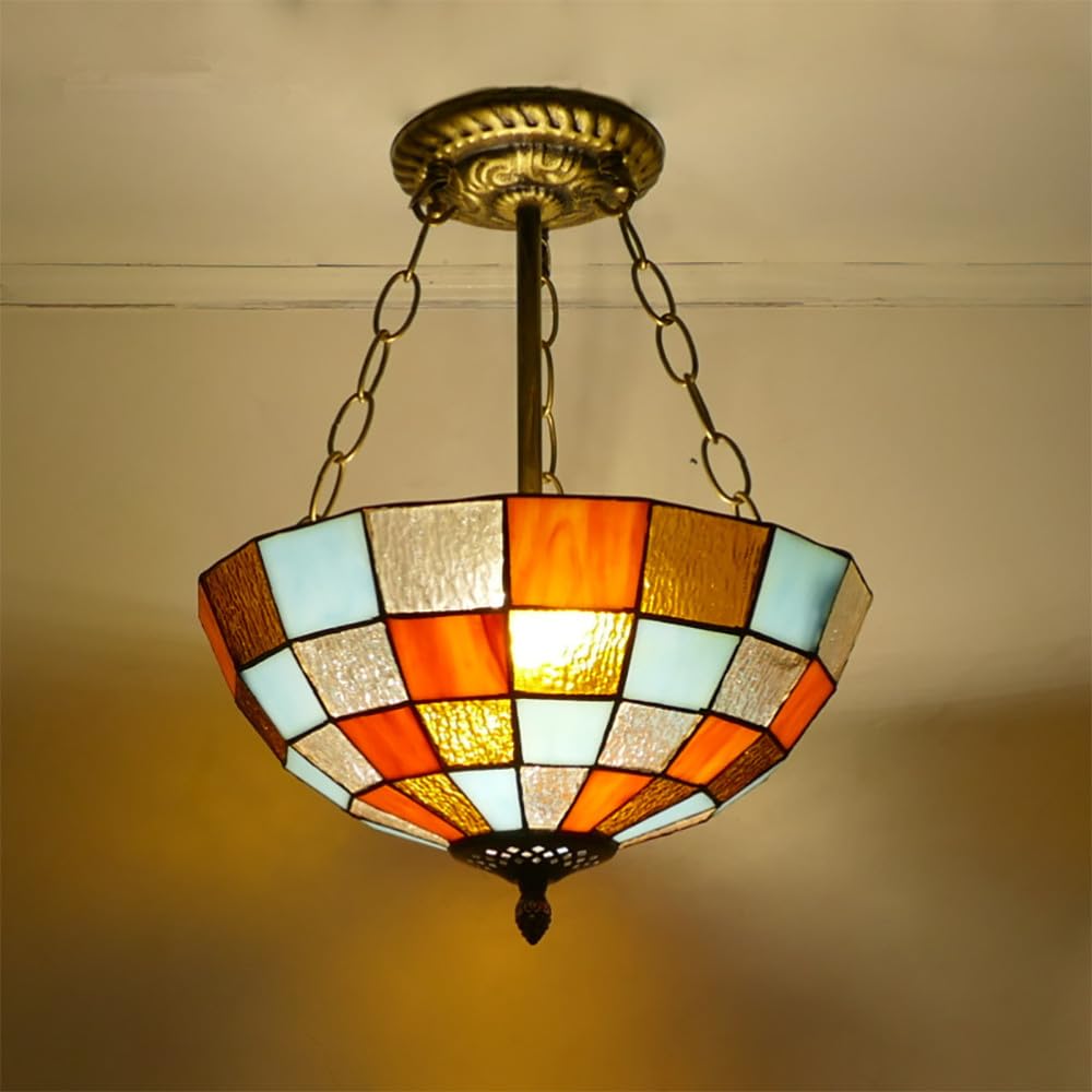 SXECAEPS European Vintage Color Glass Chandelier LED Creative Home Living Room Restaurant Bedroom Hotel Villa Cafe Corridor Pendant Lights (E D30CM)