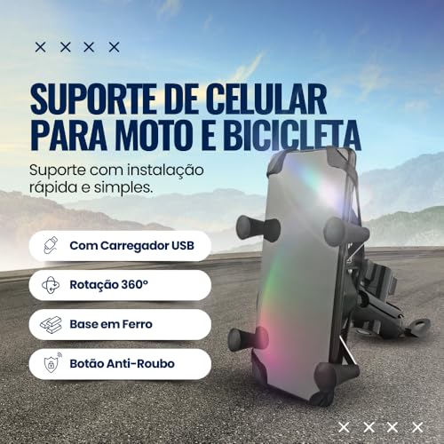 Suporte de Celular para Motos e Bicicletas – Carregador USB e Rotação 360 Graus, Base de Ferro, Prot