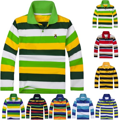Boys Long Sleeve Pique Polo Shirts Cozy Performance Collared Neckline Comfort Stretch Golf Shirt Strip School Uniforms Shirts