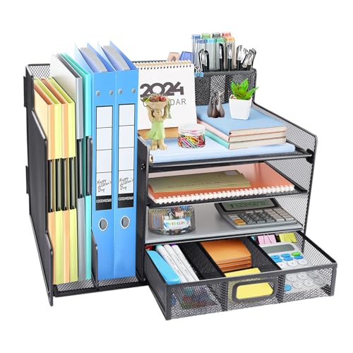 HMXLJJY Organiseur de bureau minimaliste avec porte-fichiers en maille, 4 niveaux pour fournitures de bureau et accessoires, noir