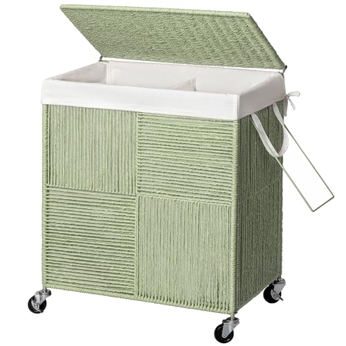 WOWLIVE Double Laundry Hamper with Lid, Handwoven Rolling Laundry Basket