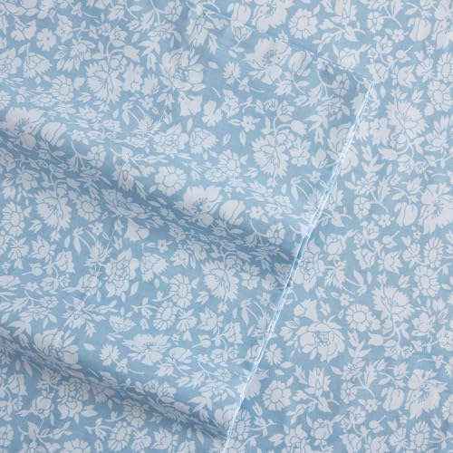 Image of Laura Ashley - Queen Size Sheet Set, Crisp & Lightweight Cotton Percale Bedding with Fitted Sheet and Pillowcases, Floral Room Decor, Deep Pocket, College Dorm Room Essentials (Heirloom Ditzy Blue)