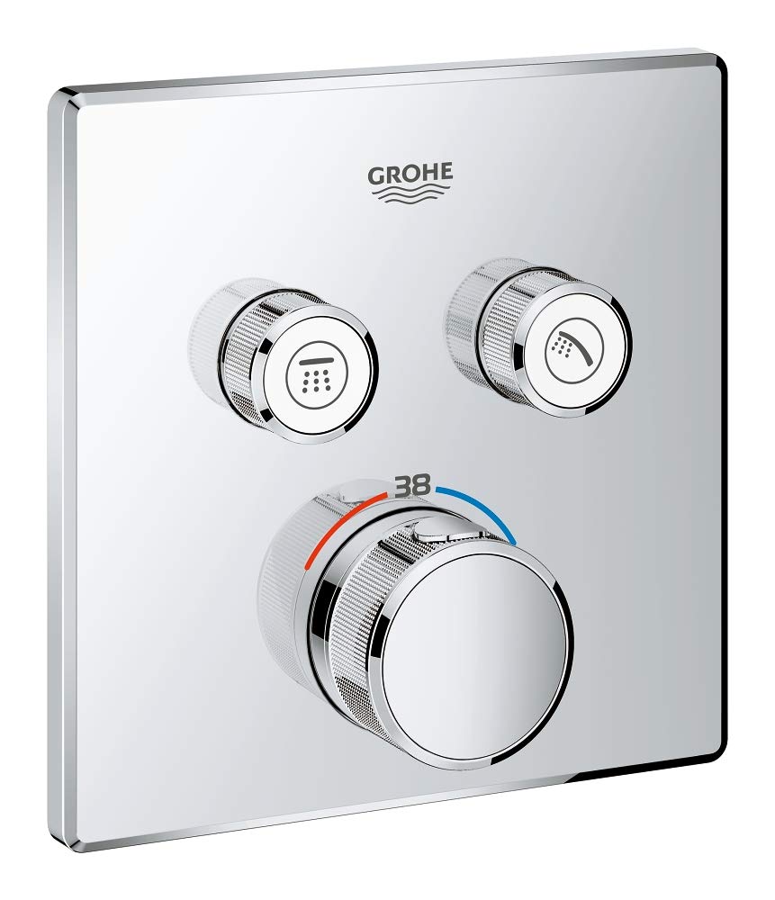 GROHE Grohtherm SmartControl - Concealed Square Thermostat for Shower or Bath (2 Valves, Push for ON-OFF, Turn for Volume Adjustment, Safety Button at 38°C, Requests Rapido SmartBox), Chrome, 29124000