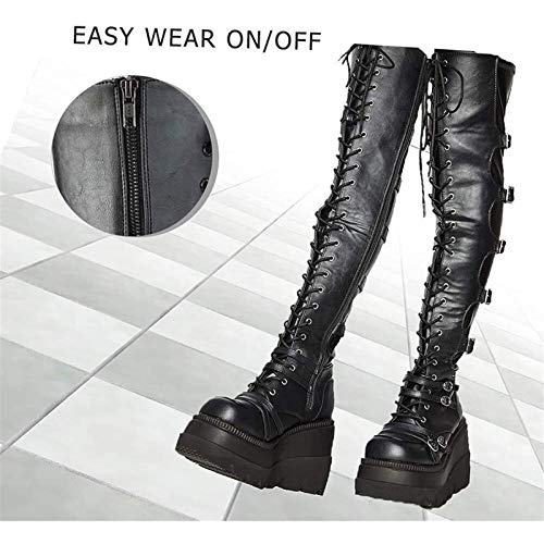 PLAYH Botas femininas plataforma plataforma acima do joelho salto alto grosso com zíper lateral, bot