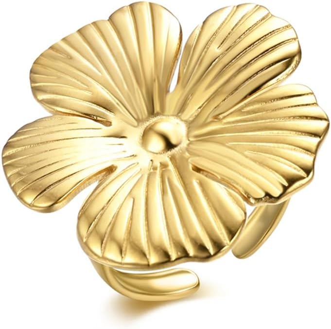 OIDIMS Gold-Tone Flower Ring for Women Trendy Stainless Steel Gold-Tone Plated Flowers Statement Adjustable Open Band Minimalist Floral Cocktail Rings Wedding Engagement Party Fashion Chic Jewelry