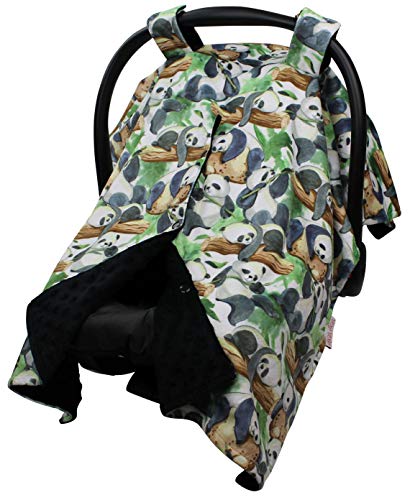 Image of Baby Car Seat Canopy Cover - Traveling Panda Bears on Tree with Black Minky Dot