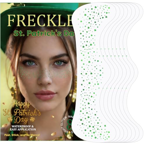 8PCS St Patricks Day Glitter Freckles Green Glitter Freckles Face Tattoo Sparkle Freckles for Women and Kids Cute Star Waterproof Gold Temporary Face Tattoos Glitter Glow Up Patches (8PCS Green)
